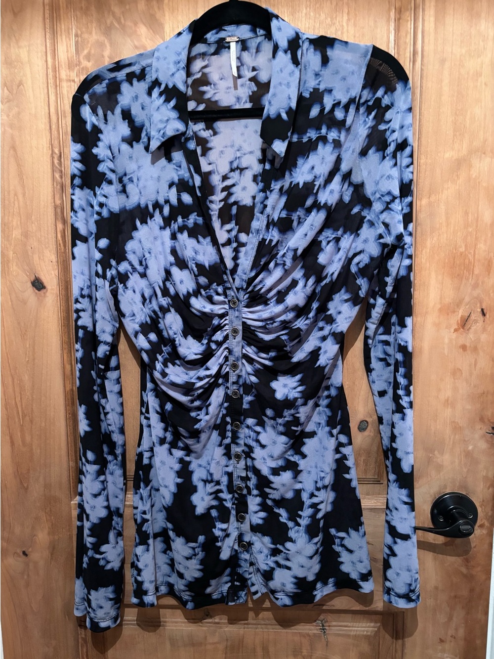 Free People Lucky Shirtee. Black and Light Blue Floral Button-Down Shirt